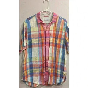 Men's Tommy Bahama Short sleeve multi colored plaid sports shirt 100% linen
